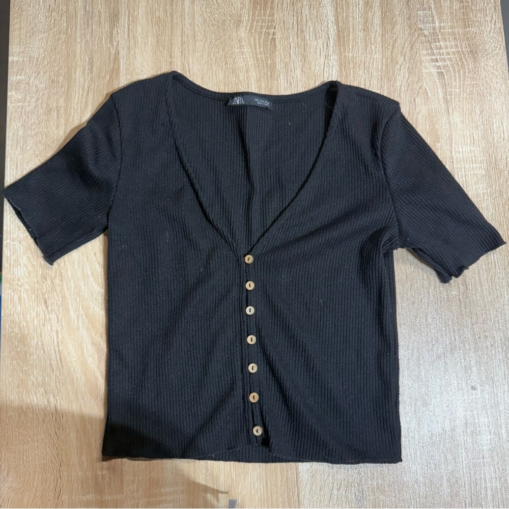 Zara Black Button-Up Women's Short Sleeve Ribbed Knit Button Henley Top Small